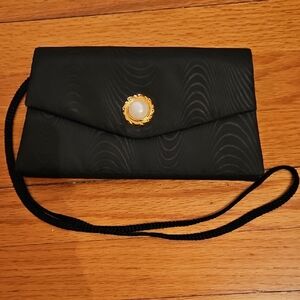 Carla Marchi Black Clutch Bag, gold & pearlescent jewel on front, snap closure